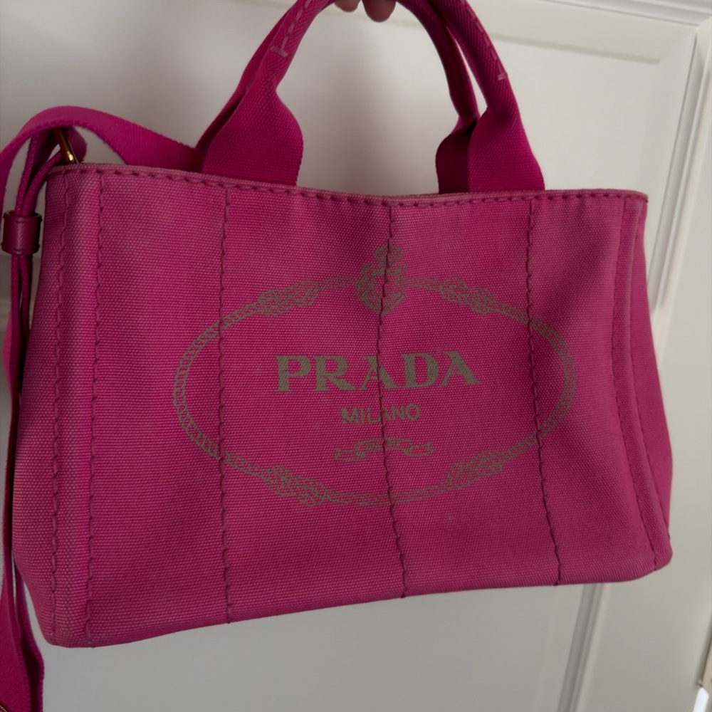 Small Prada Canapa Hot Pink Canvas Tote with Shoulder Strap